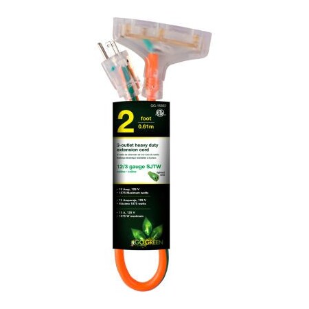 Gogreen SJTW Extension Cord, 12 AWG, Outdoor, 12/3, 3 Outlets, Orange, 2 ft GG-15302